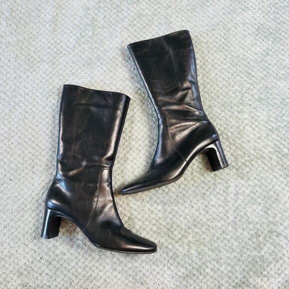vintage y2k black leather pointed toe tall calf kitten heel classic boots 9 - Picture 1 of 8